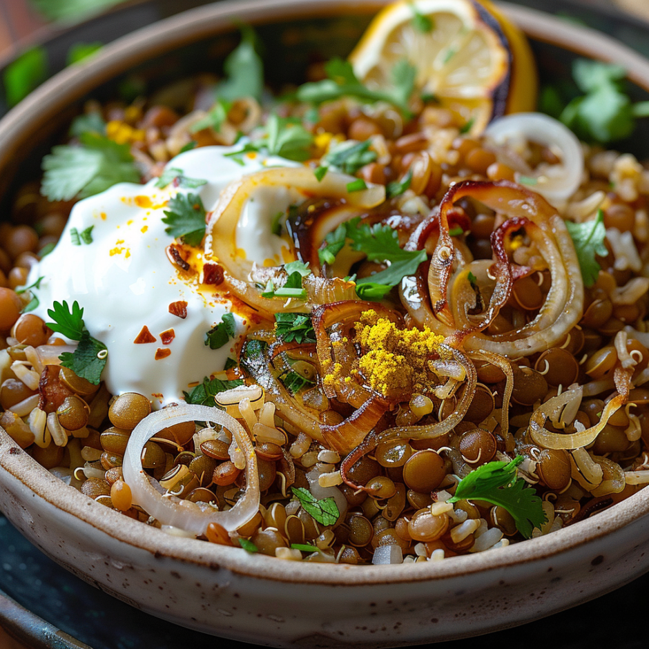 A bowl of food with onions and lentils.