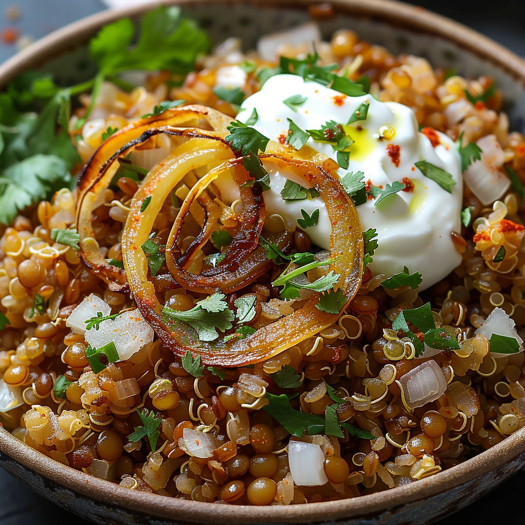 A bowl of food with onions and cheese.