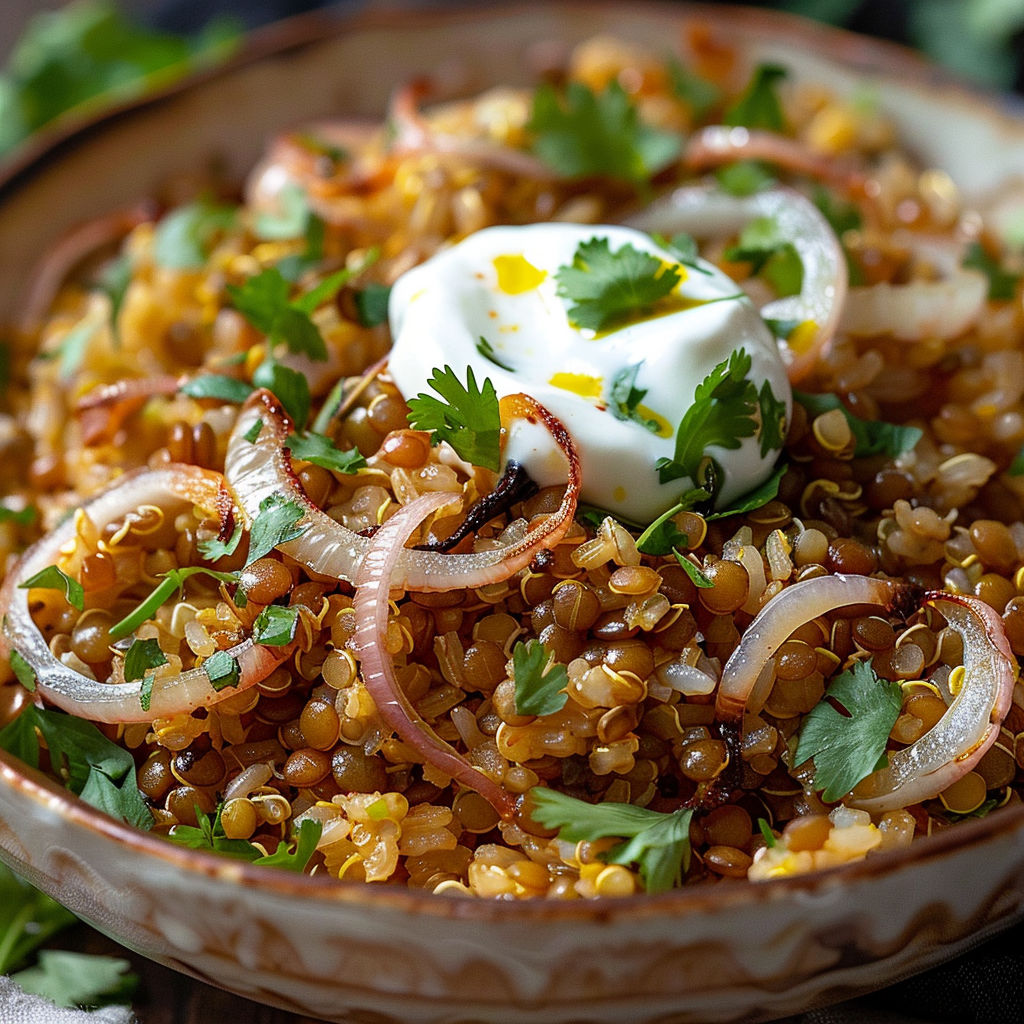 A bowl of rice with onions and cheese on top.