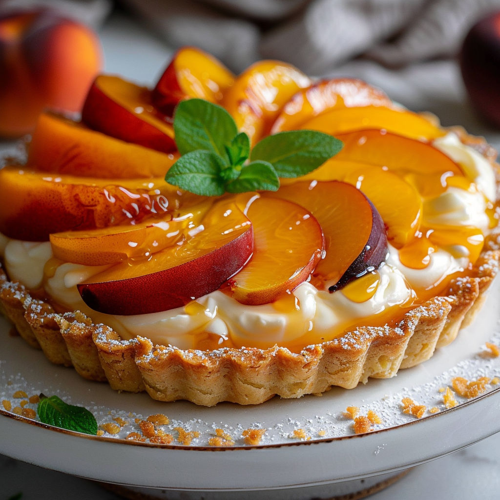 A slice of peach pie with a leaf on top.