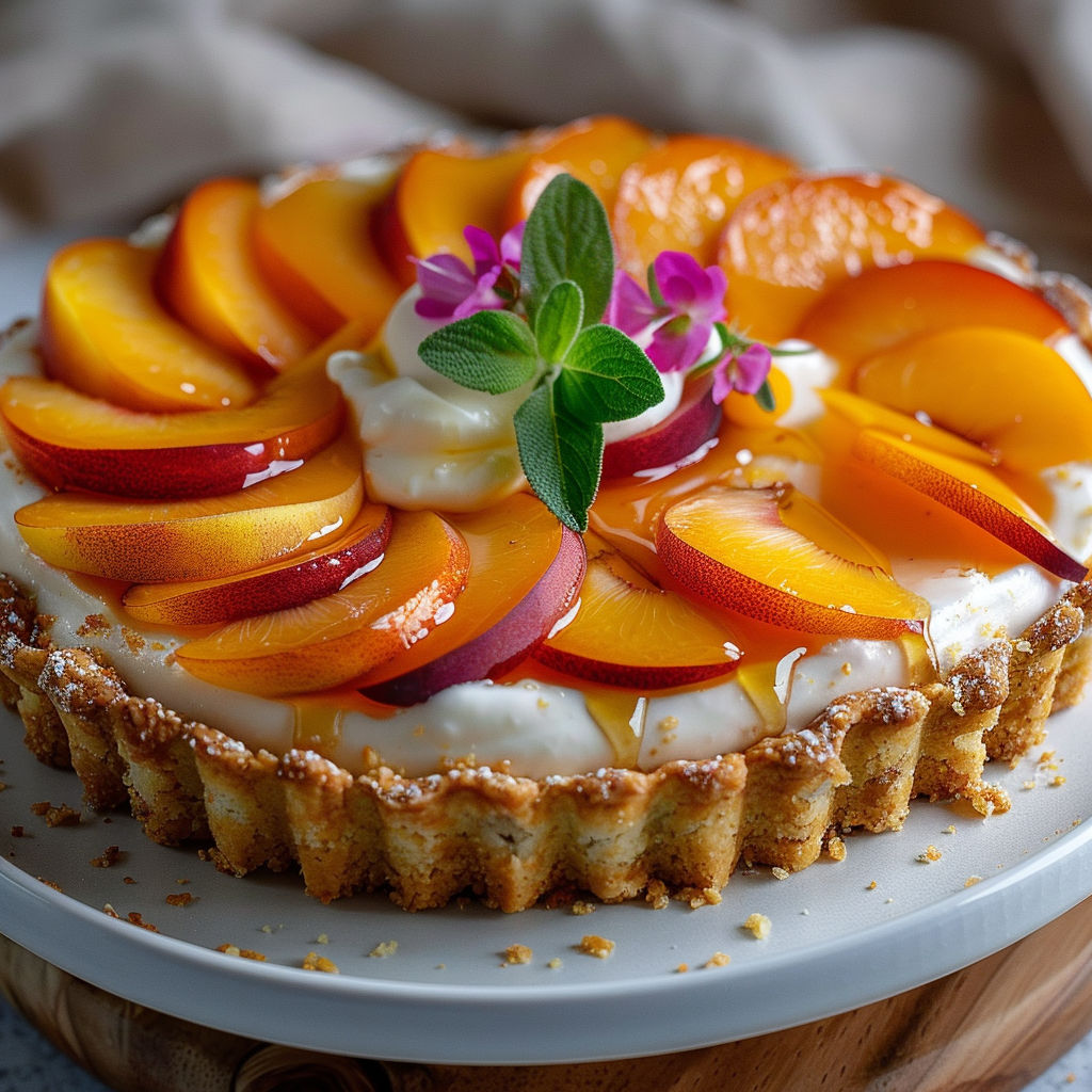 A slice of peach pie with a leaf on top.