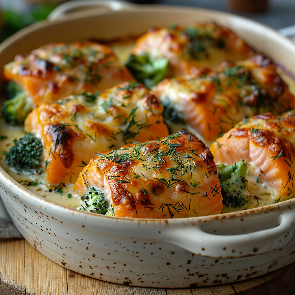 A dish of food with broccoli and fish.