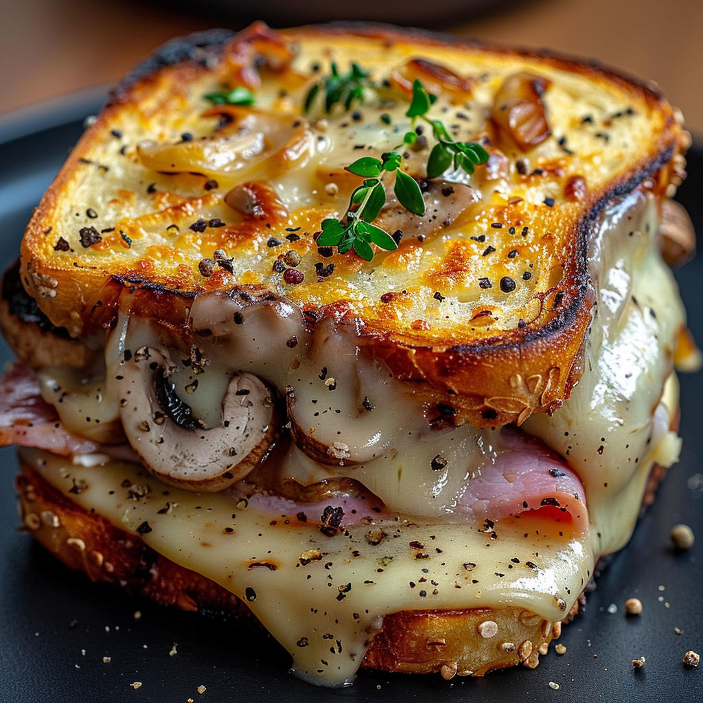 A close up of a croque-monsieur gourmand with mushrooms.