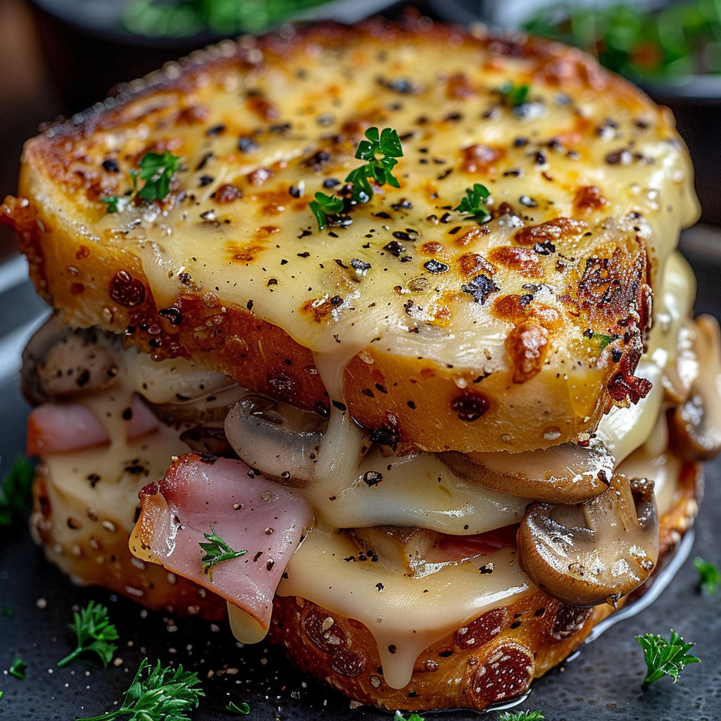 A sandwich with mushrooms and cheese.