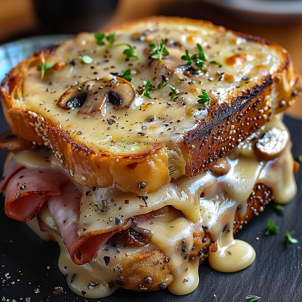 A sandwich with mushrooms and cheese on top.