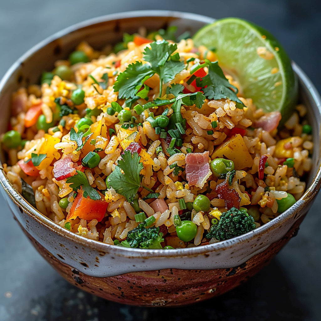 A bowl of rice with vegetables and meat.
