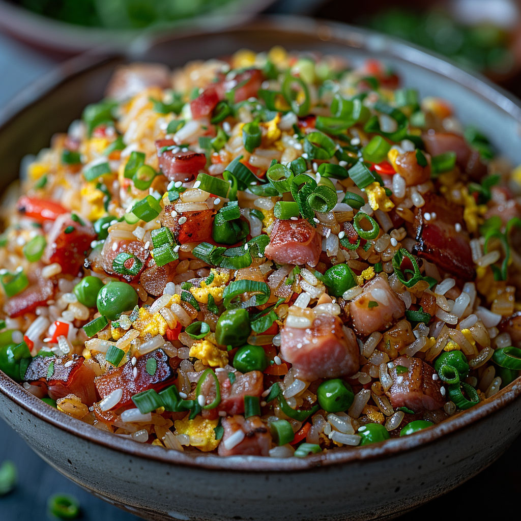 A bowl of rice with vegetables and meat.