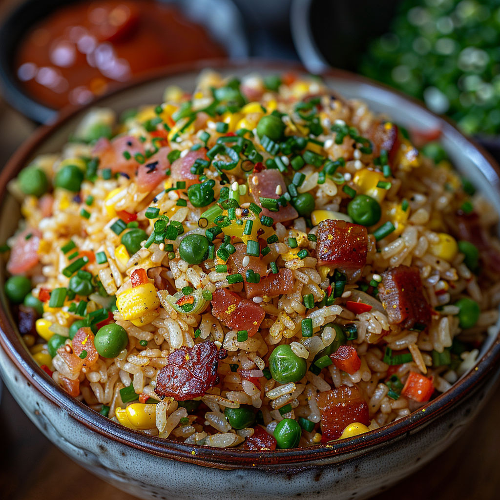 A bowl of rice with vegetables and meat.