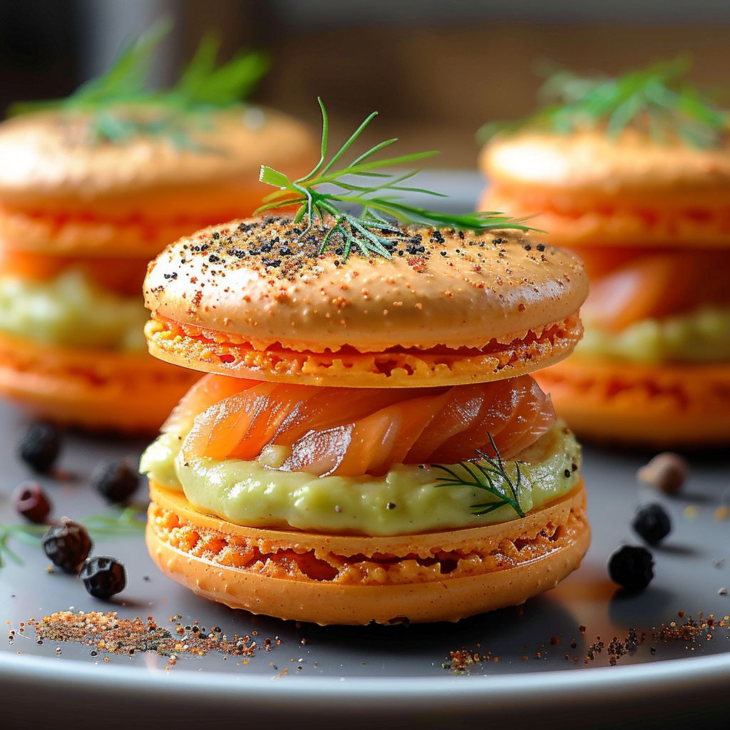 Macarons with salmon, avocado and lemon.