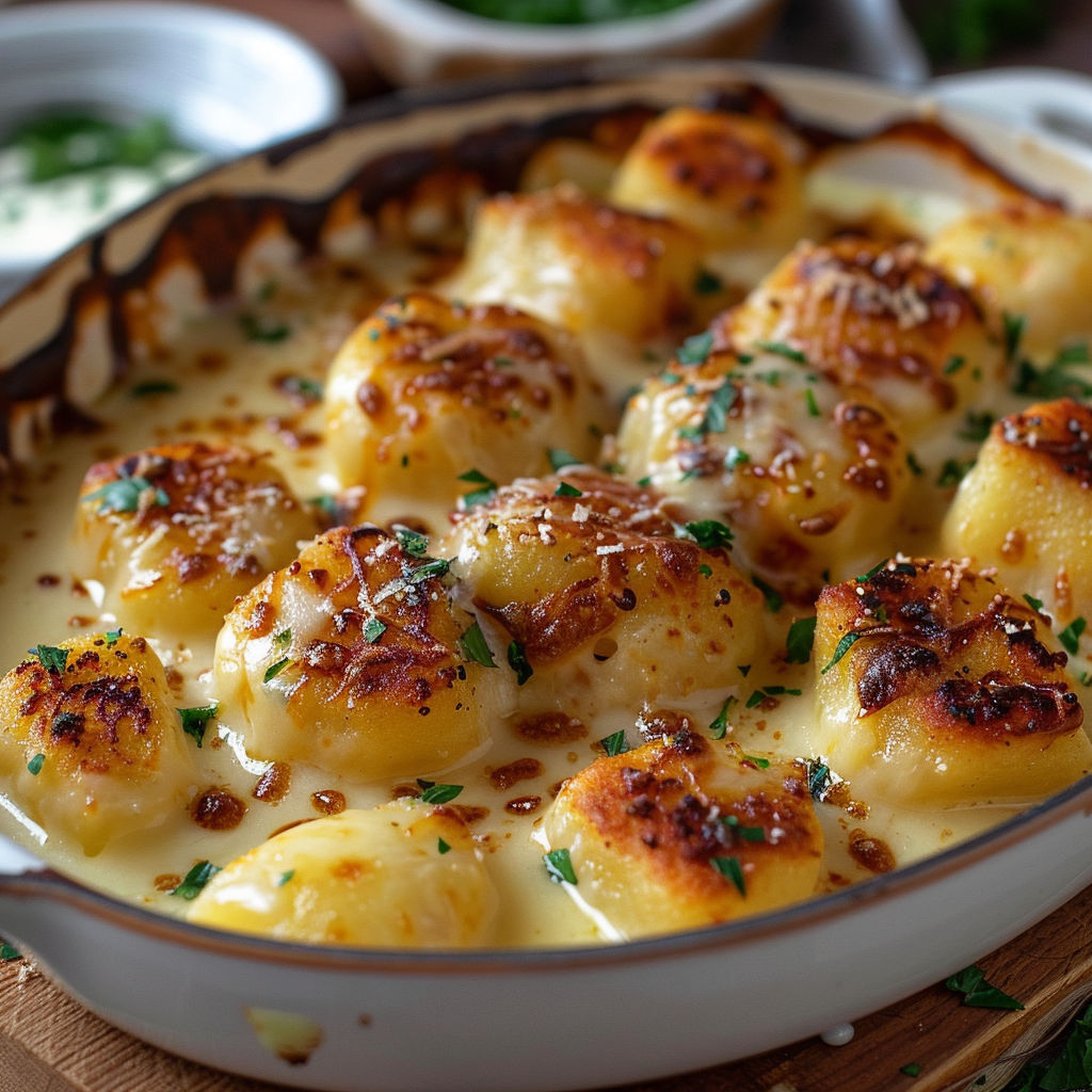 A dish of gnocchi with cheese and herbs.