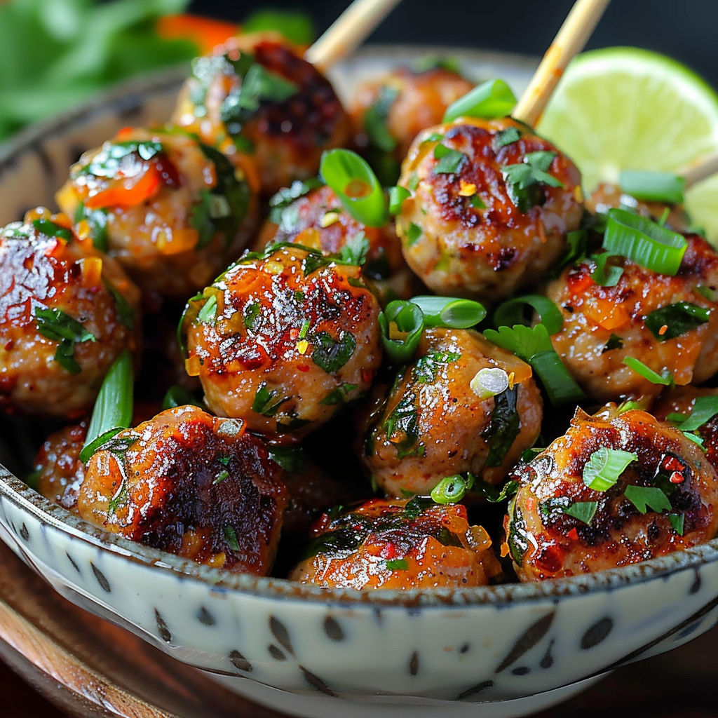 A bowl of meatballs with a stick in them.