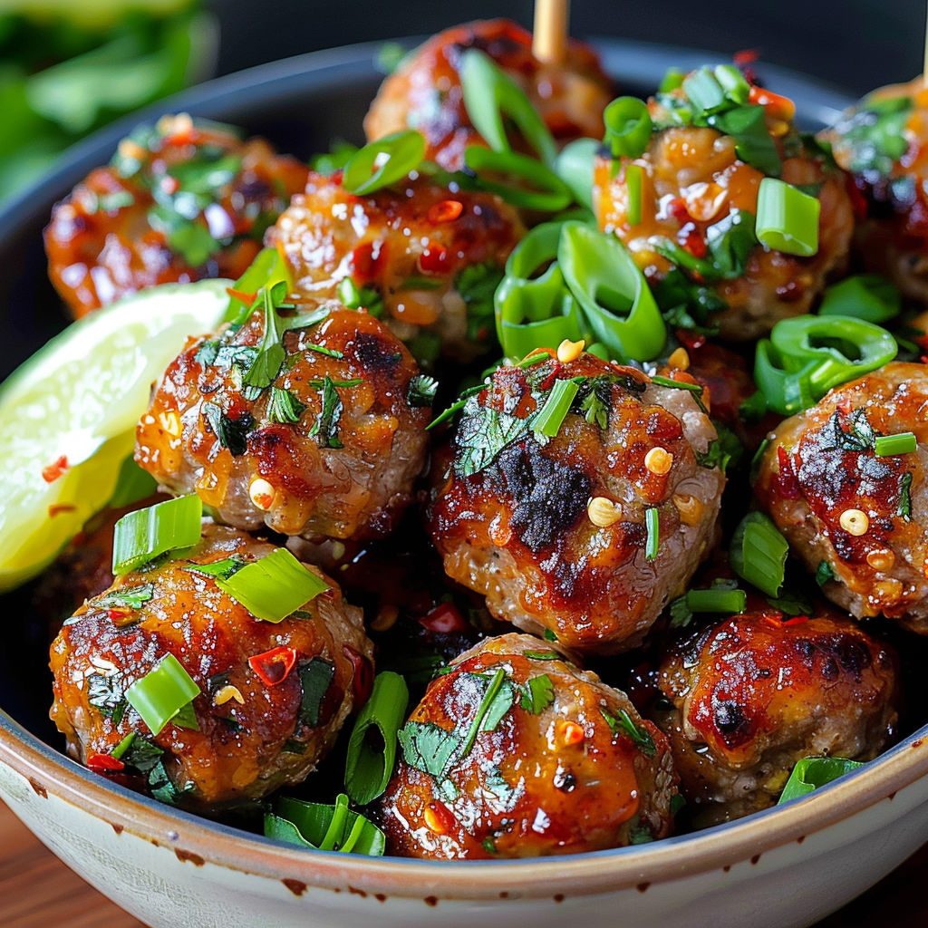 A bowl of meatballs with a lime wedge on the side.
