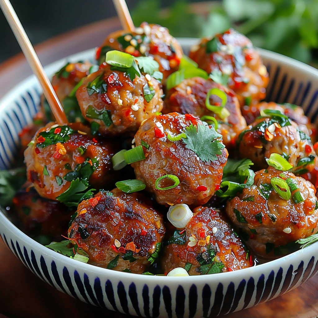 A bowl of meatballs with green toothpicks.