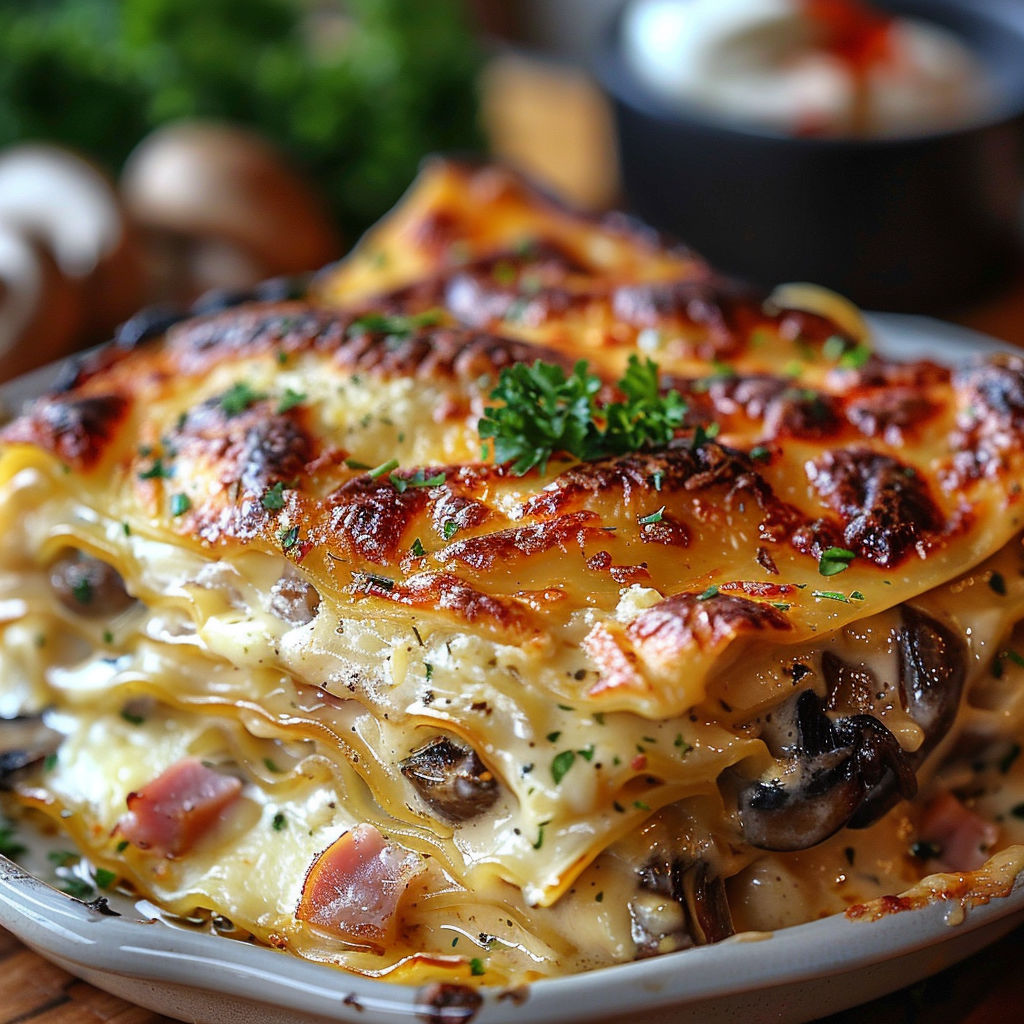 A plate of lasagna with mushrooms and ham.