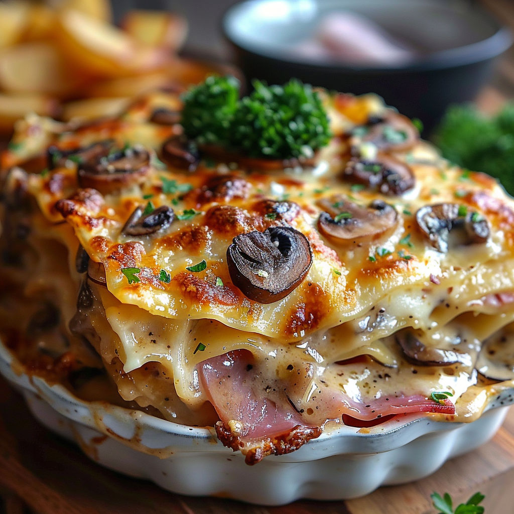 A close up of a lasagna with mushrooms and ham.