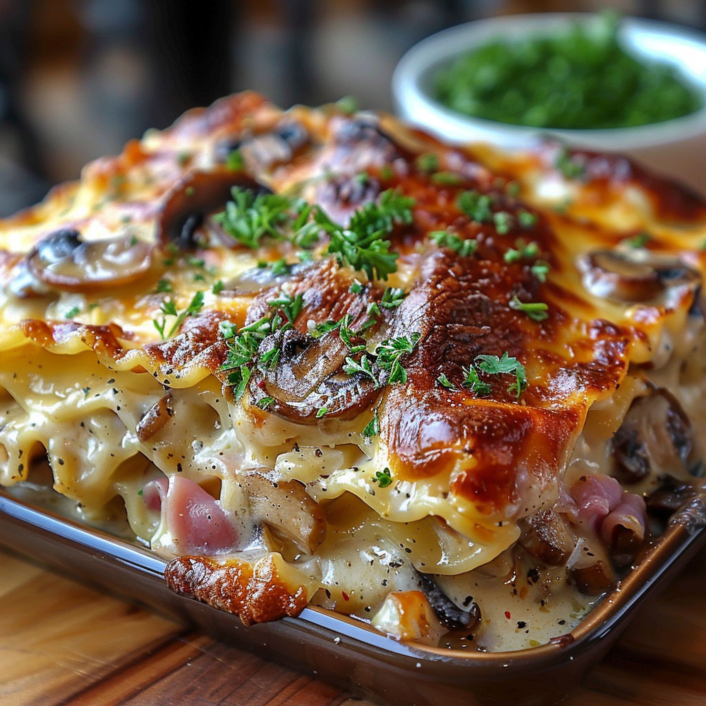 A dish of lasagna with mushrooms and ham.