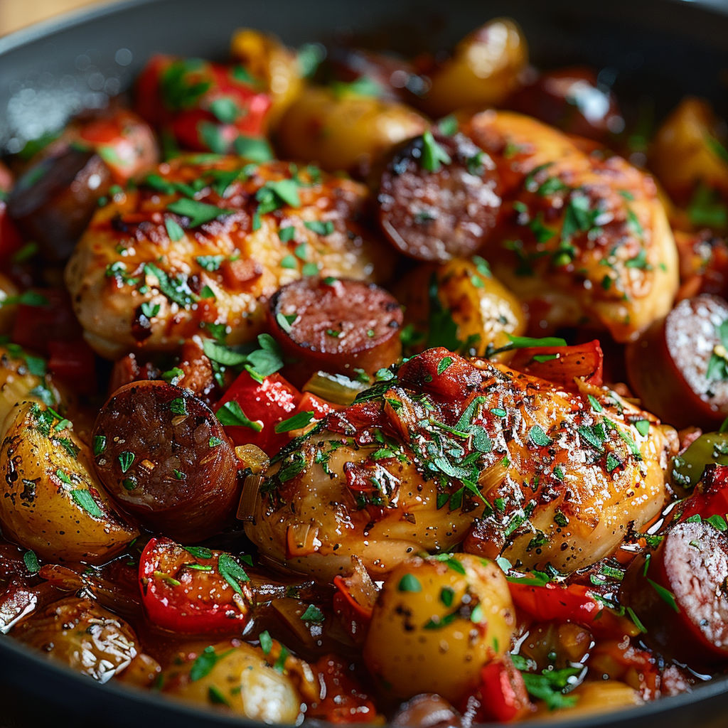 A plate of food with chicken, potatoes, and peppers.