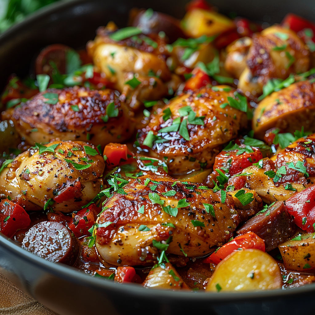 A bowl of food with chicken and vegetables.
