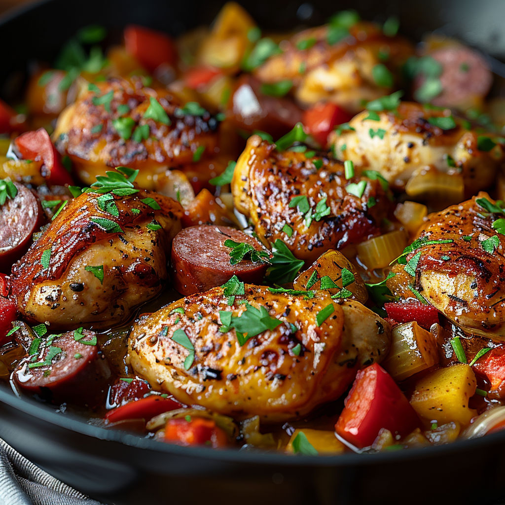 A pan of food with chicken and vegetables.