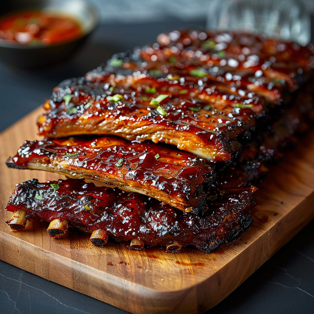 A BBQ ribs dish with a wooden serving board.