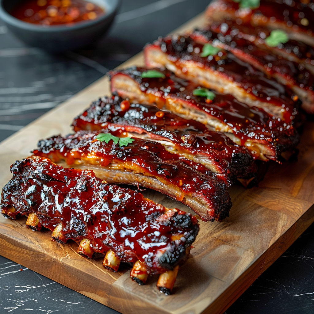 A wooden cutting board with ribs on it.