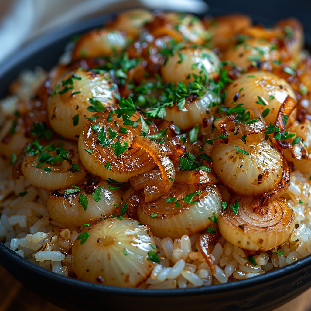 A bowl of soup with onions and rice.