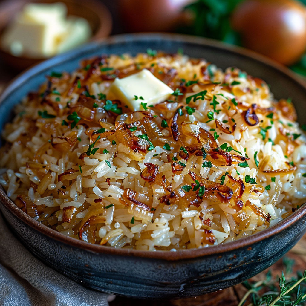 A bowl of rice with butter and herbs.