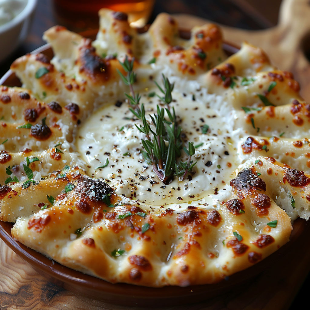 A pizza with a white sauce and herbs on top.