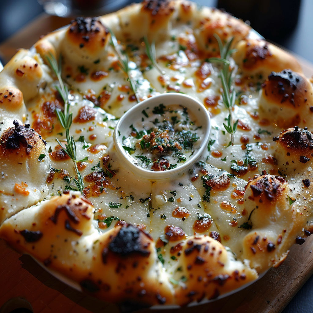 A pizza with a white sauce and herbs on top.