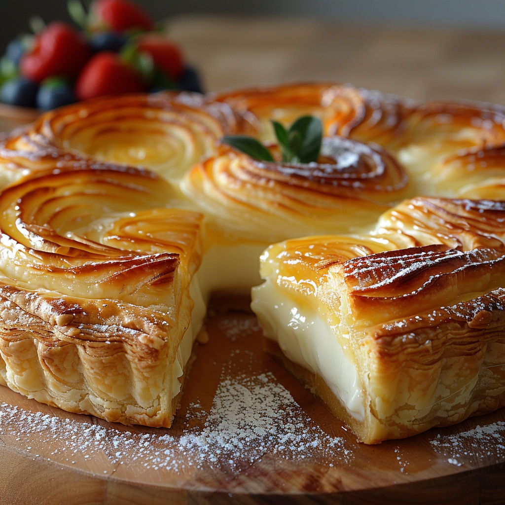 A slice of cake with powdered sugar on a wooden table.