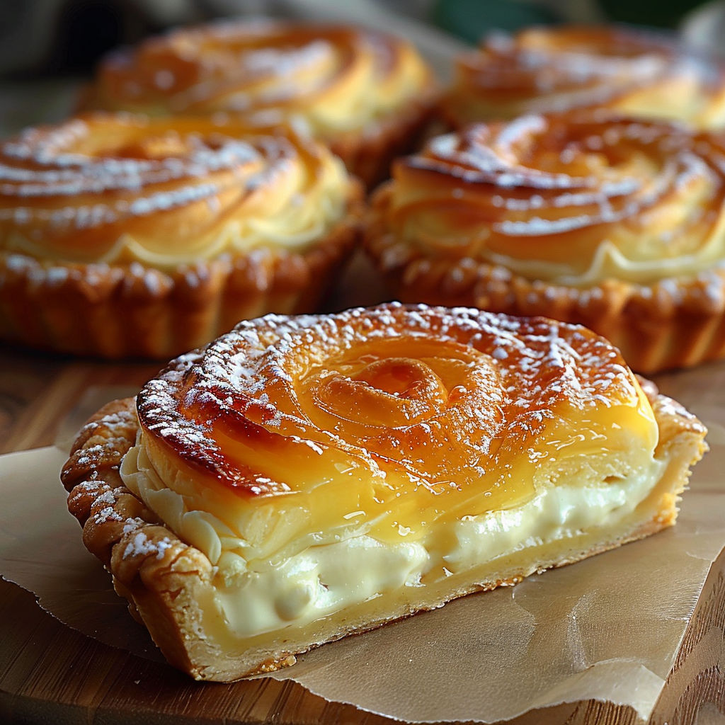 A pastry with a flaky crust and a filling of cheese and fruit.