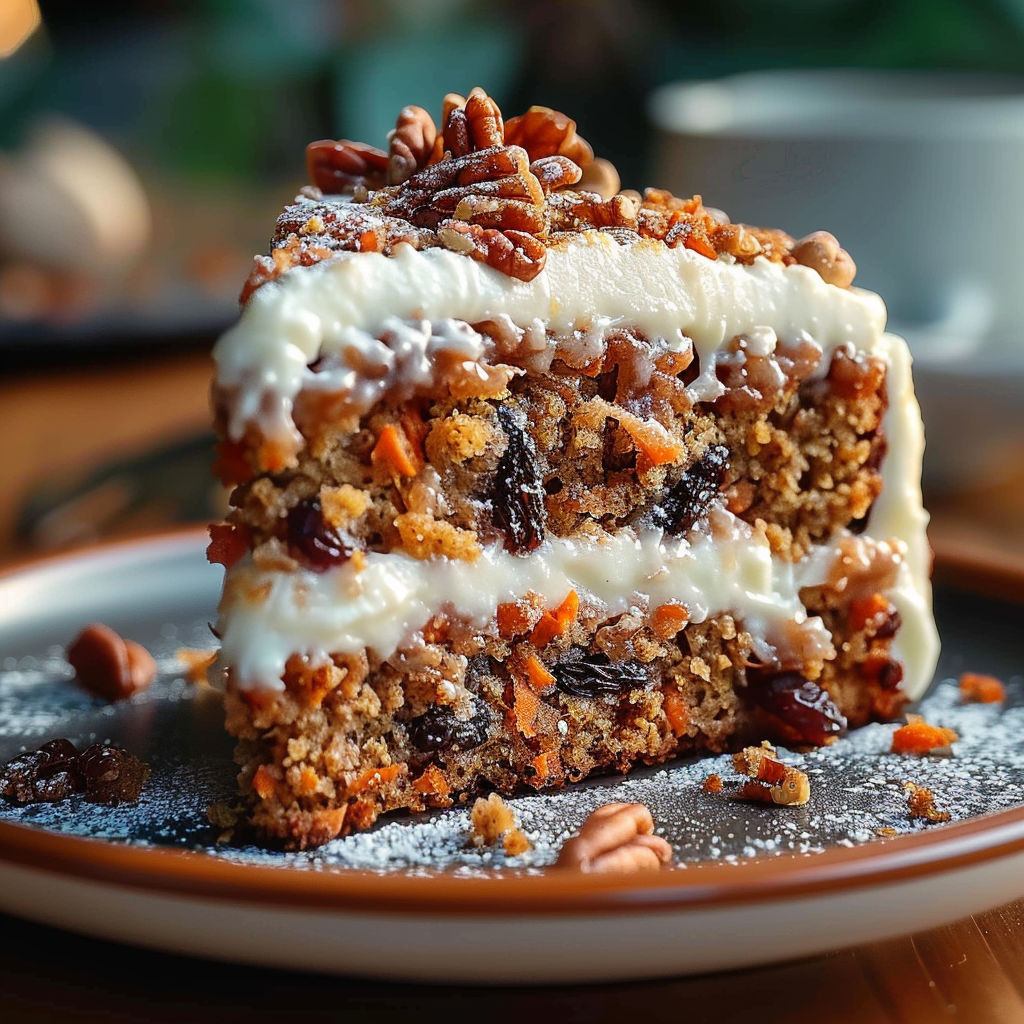 A slice of carrot cake on a plate.