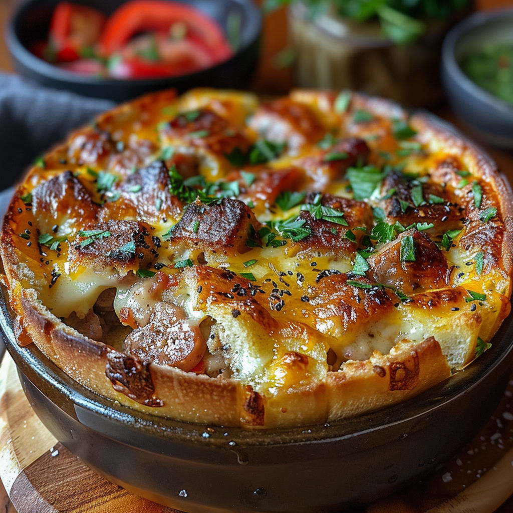 A small bagel with cheese and meat on top.