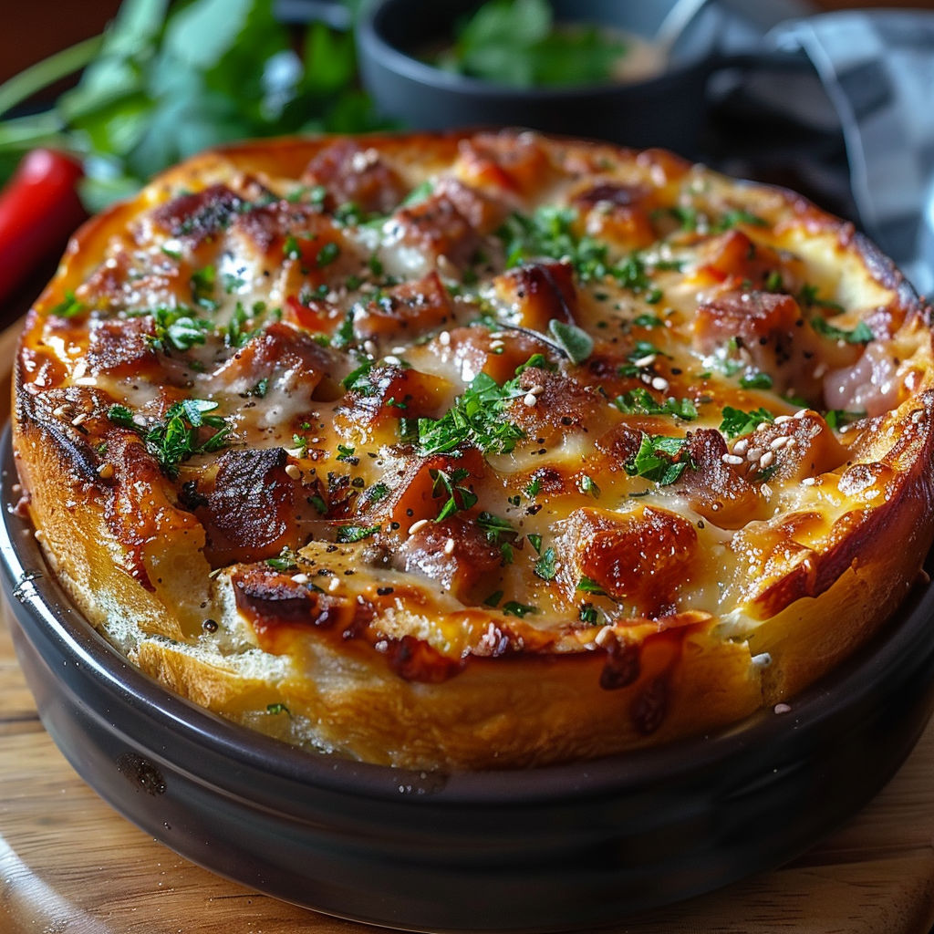 A pizza with cheese and bacon on top.