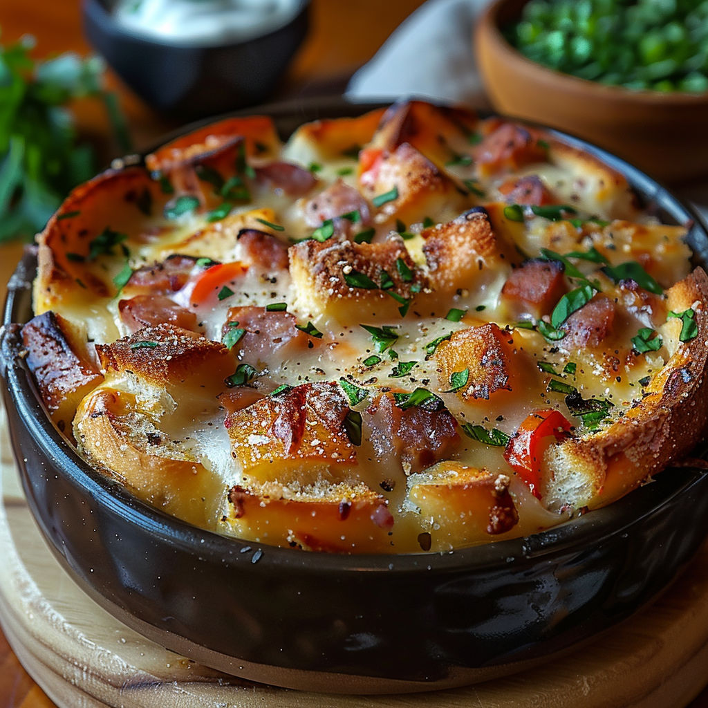 A delicious looking casserole dish with a variety of ingredients.