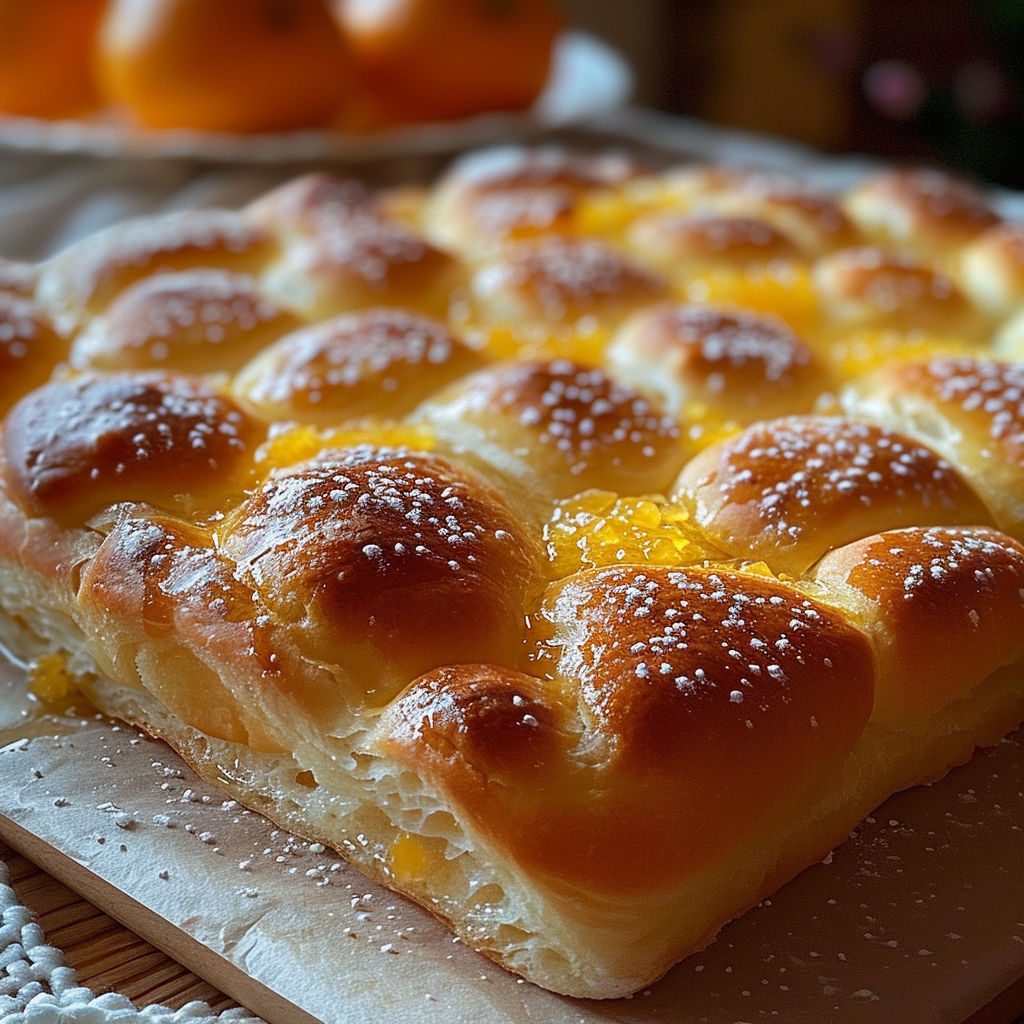 A cake with a yellow filling and powdered sugar on top.