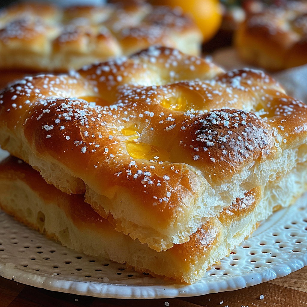 A stack of bread with powdered sugar on top.