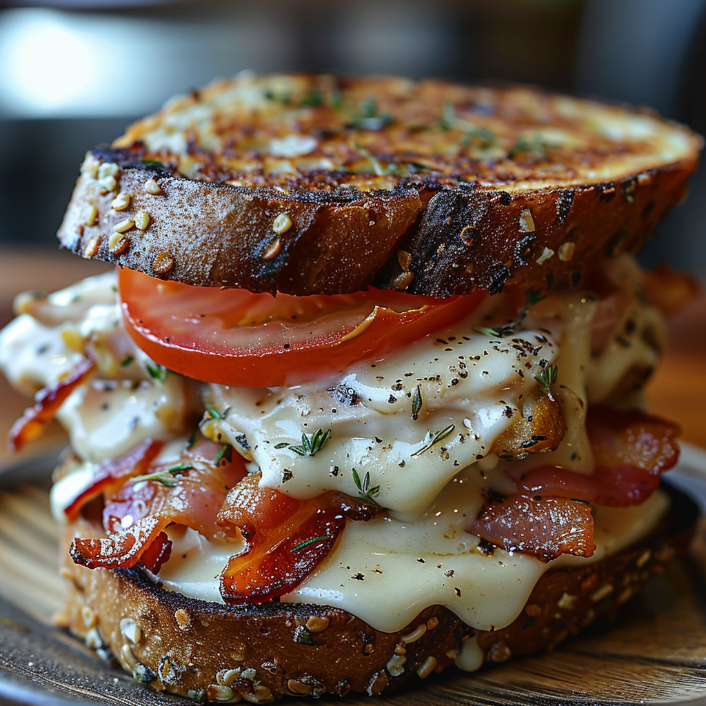 A sandwich with tomato, bacon, and cheese.