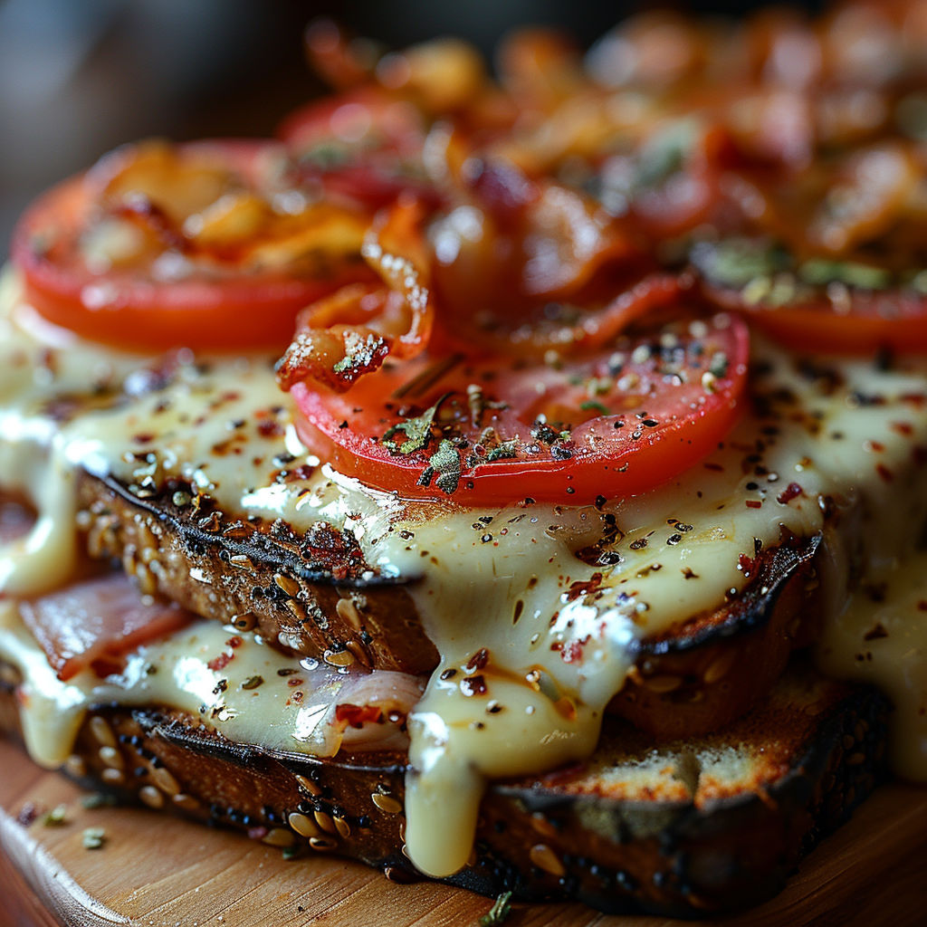 A cheese and tomato sandwich on a wooden table.
