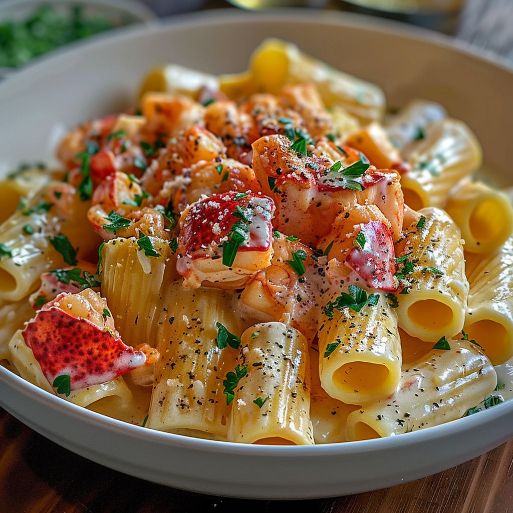 A bowl of pasta with tomatoes, shrimp, and herbs.