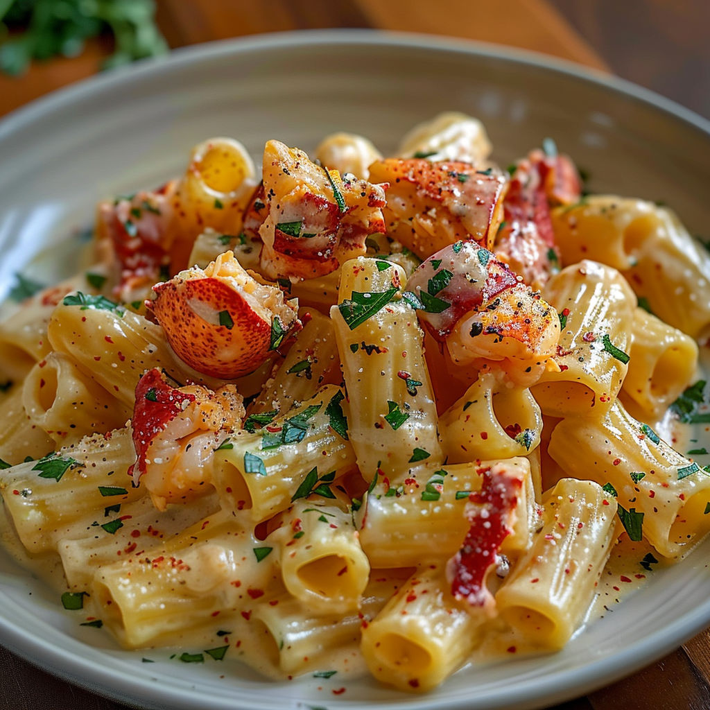 A bowl of pasta with shrimp and red peppers.
