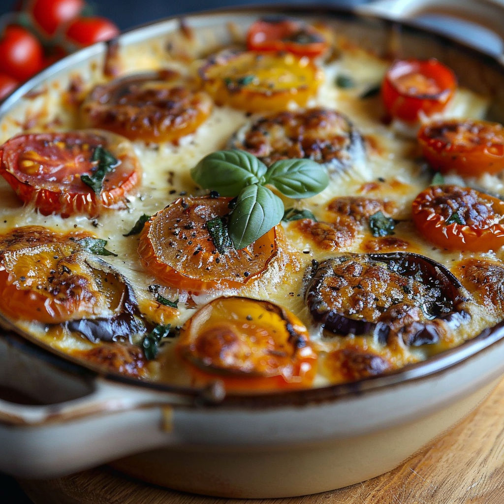 A dish of gratin aubergines tomates béchamel.
