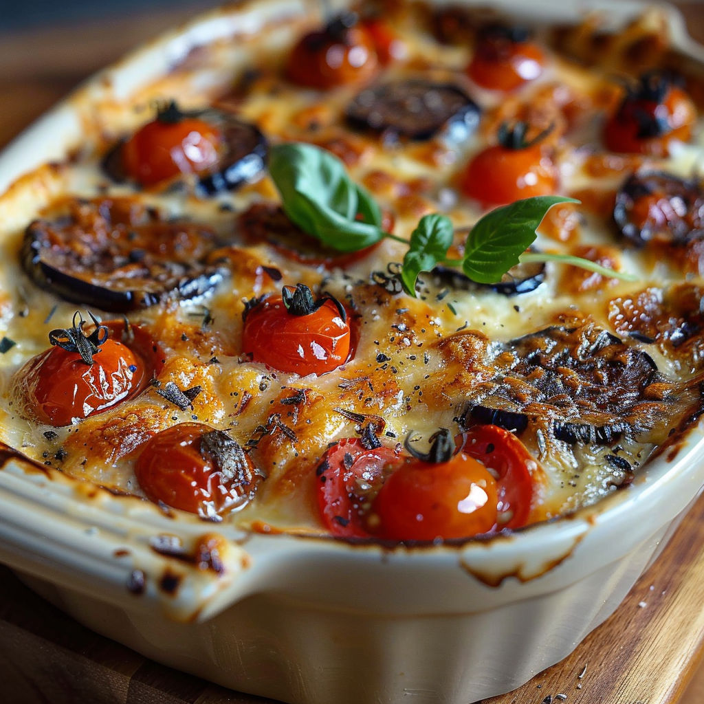 A dish of food with tomatoes and cheese.