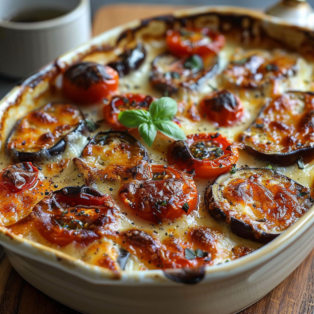 A dish of food with tomatoes and cheese.