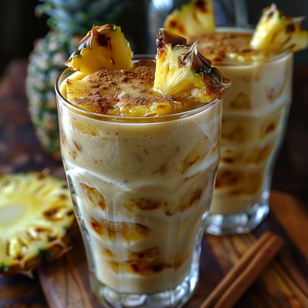 A glass of pineapple lassi with caramelized pineapple on top.