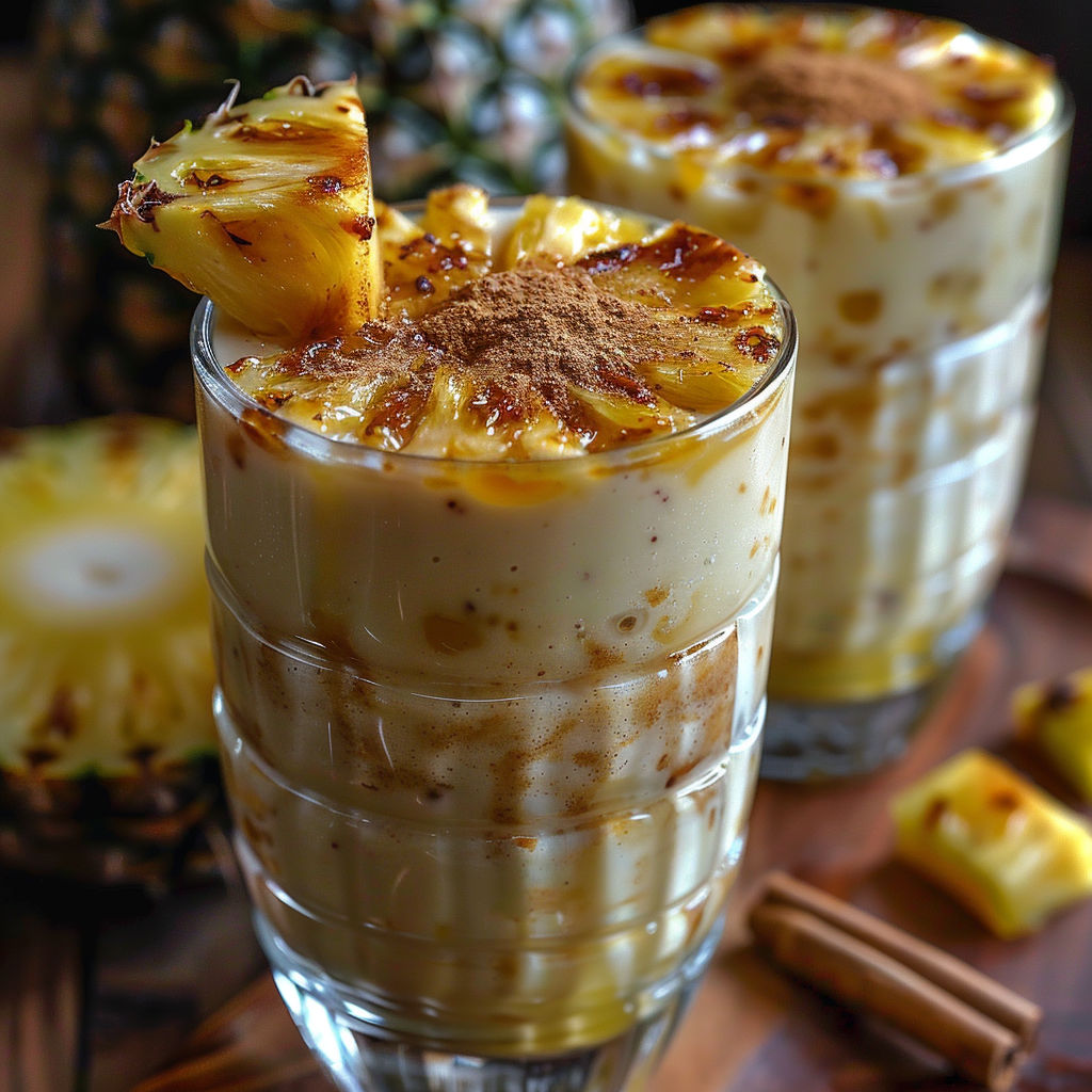 A glass of pineapple with a pineapple slice on top.