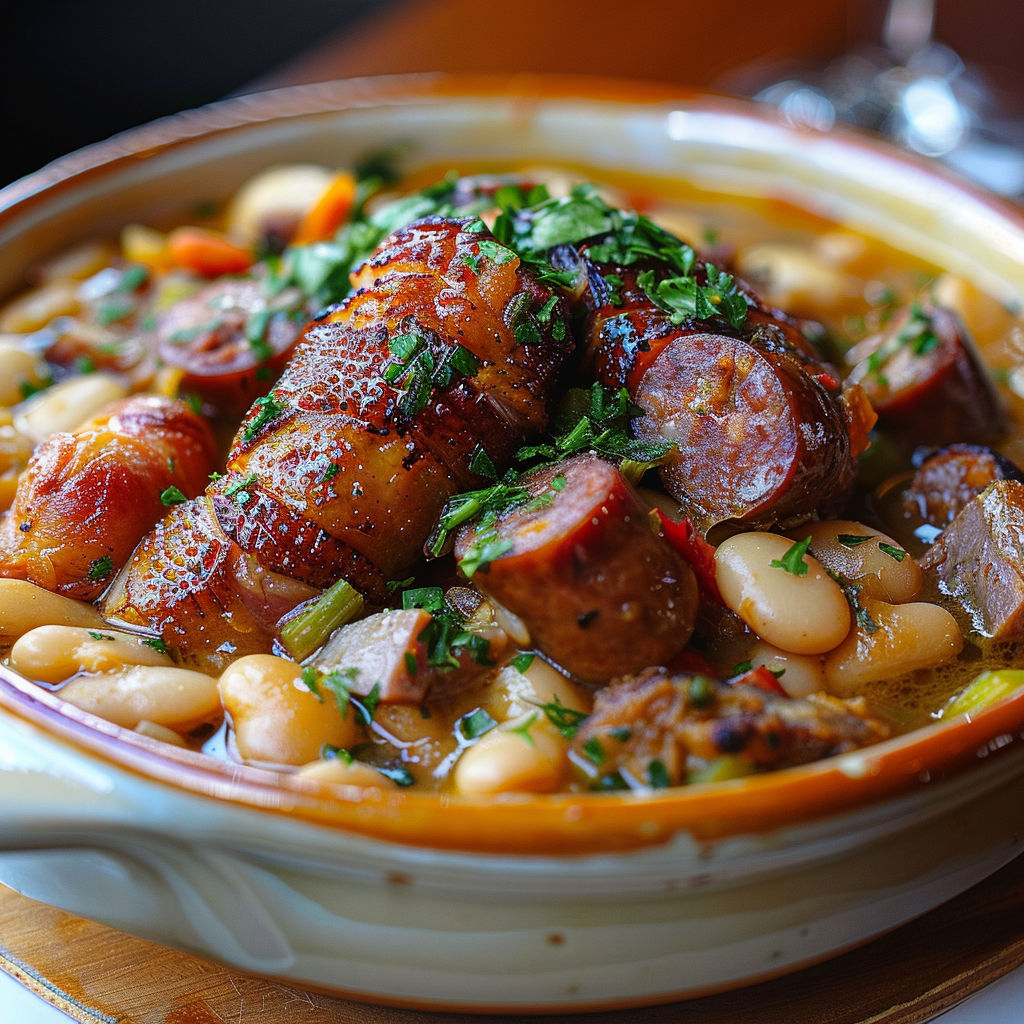 A bowl of cassoulet with haricots verts and canard.