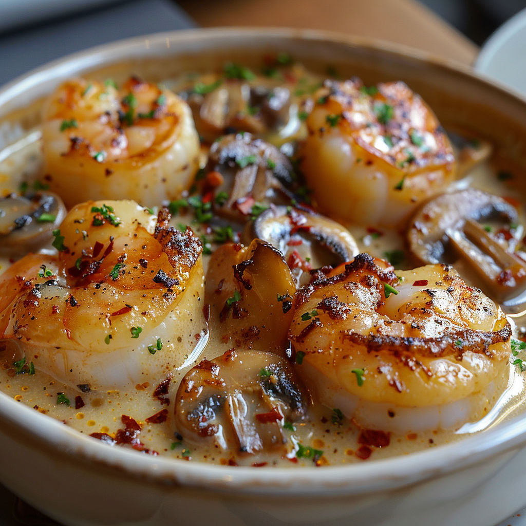 A bowl of shrimp and mushrooms.