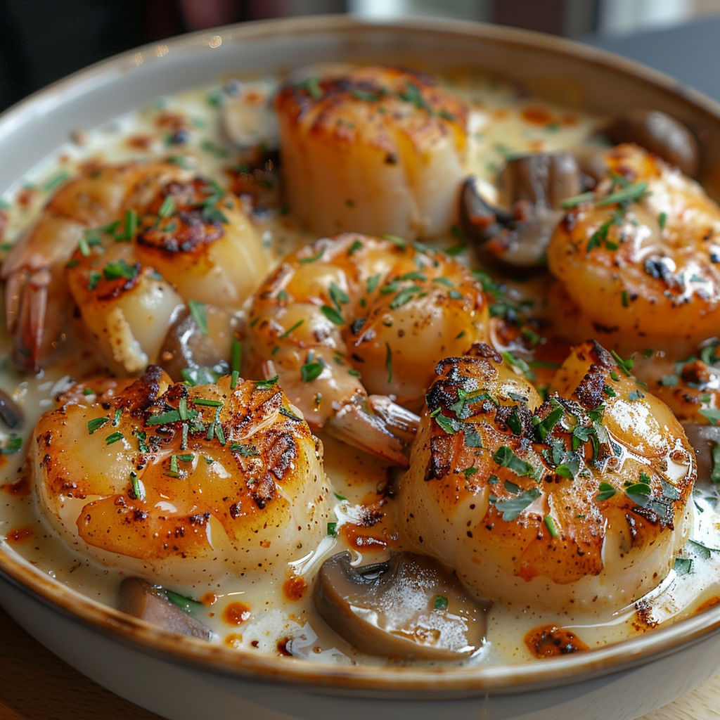 A bowl of seafood with scallops, mushrooms and other vegetables.