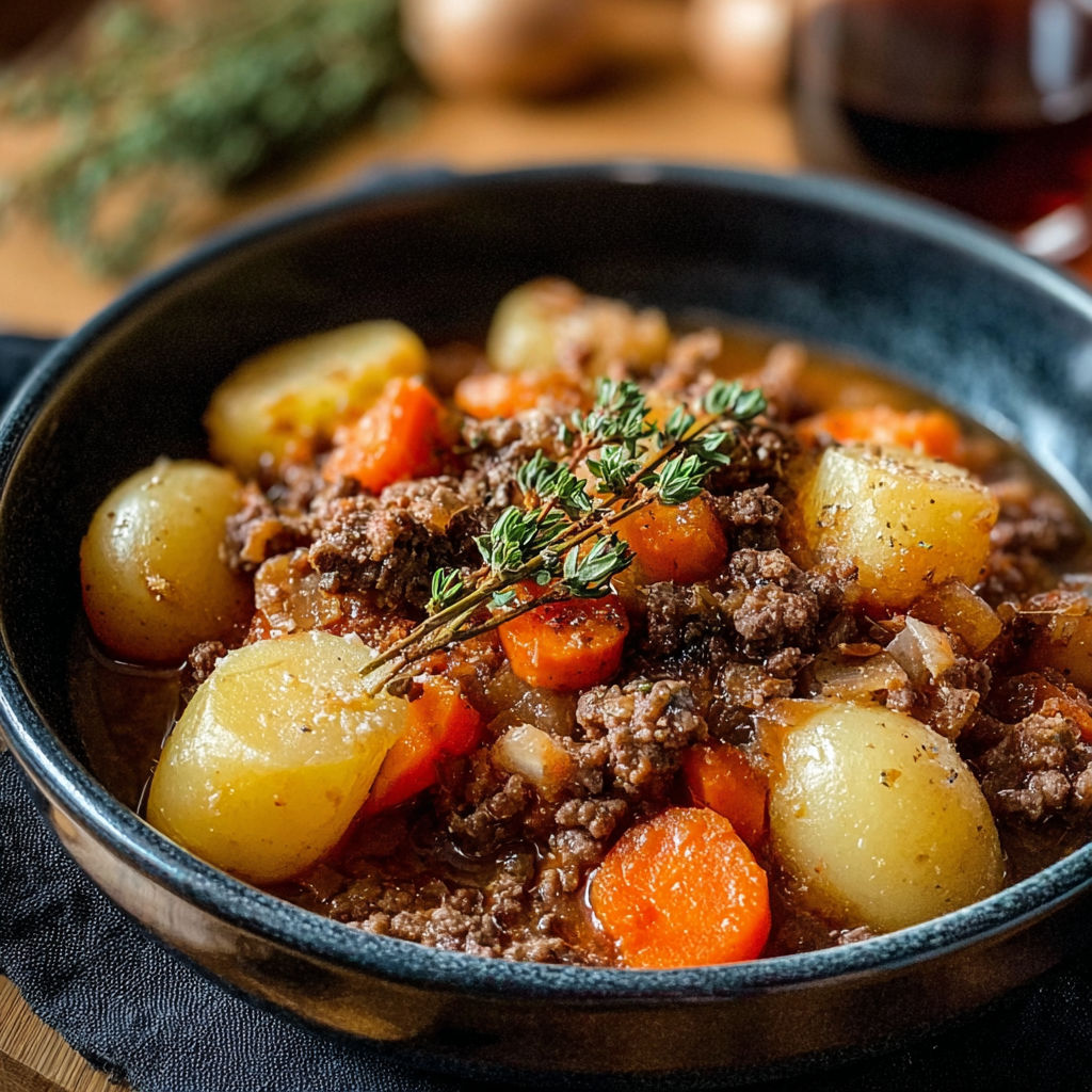 A bowl of food with carrots and potatoes.